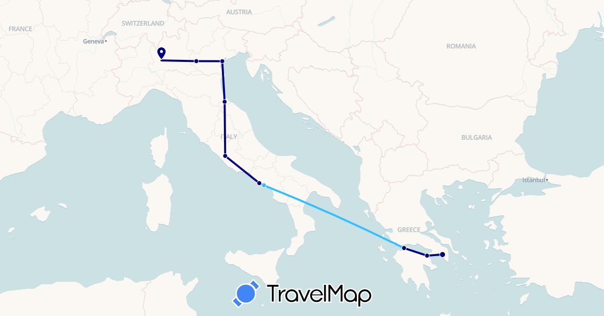 TravelMap itinerary: driving, boat in Greece, Italy, San Marino (Europe)